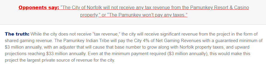 the lobbing/public affairs firm hired by the Pamunkey made clear that Norfolk would receive substantial revenue if the casino was completed