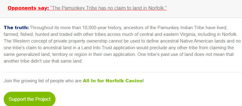 the lobbing/public affairs firm hired by the Pamunkey asserted that multiple tribes could claim historic rights to the land along the Elizabeth River