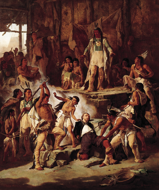 in this 1870 painting of Pocahontas saving John Smith and the colony, Powhatan (looking down from platform) and other Native Americans are dressed in the style of Plains Indians