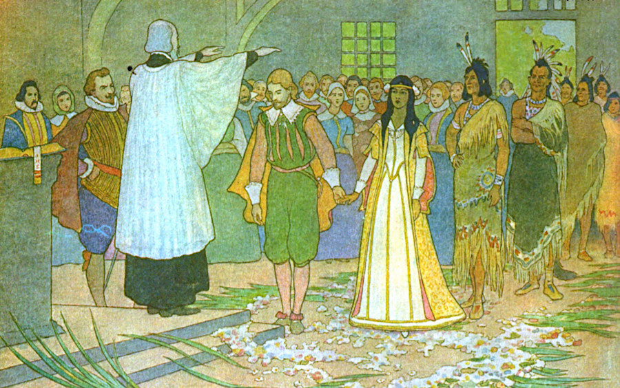 in contrast, Elmer Boyd Smith portrayed Pocahontas as a dark-skinned bride in 1906