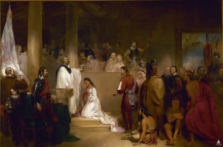 1840 painting installed in US Capitol imagining the 1614 baptism of Pocahontas (Powhatan's brother Opechancanough is portrayed in shadow, seated and refusing to watch ceremony)