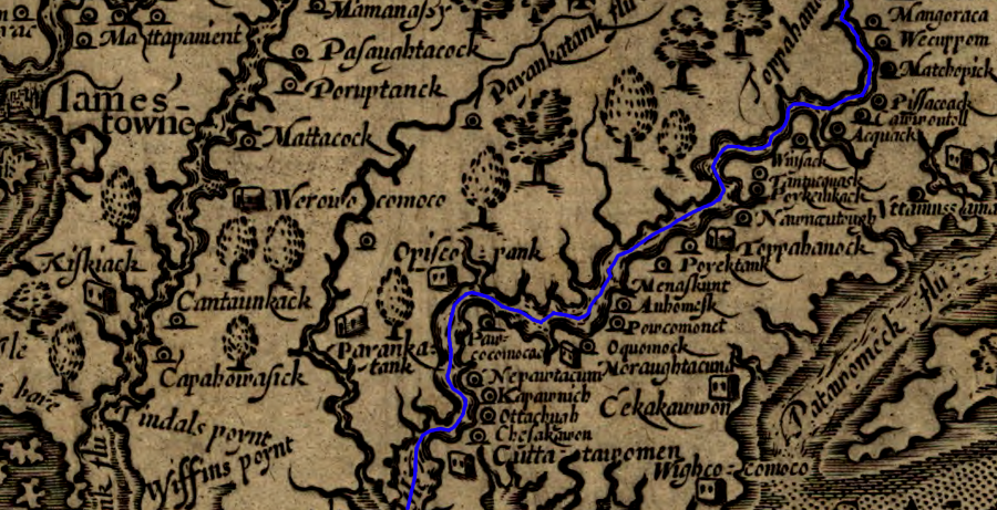 John Smith mapped far more Native American towns on the north bank of the Rappahannock River (blue line), suggesting the river served as a border defining the limits of Powhatan's control when the English arrived in 1607 (NOTE: north is to the right, not towards the top of the map)