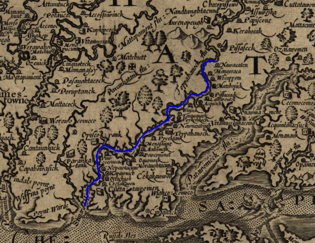 Powhatan's control over Tsenacomoco may have been greater on the southern bank of the Rappahannock River, which is one explanation for the concentration of Algonquian settlements north of that river (marked by blue line)