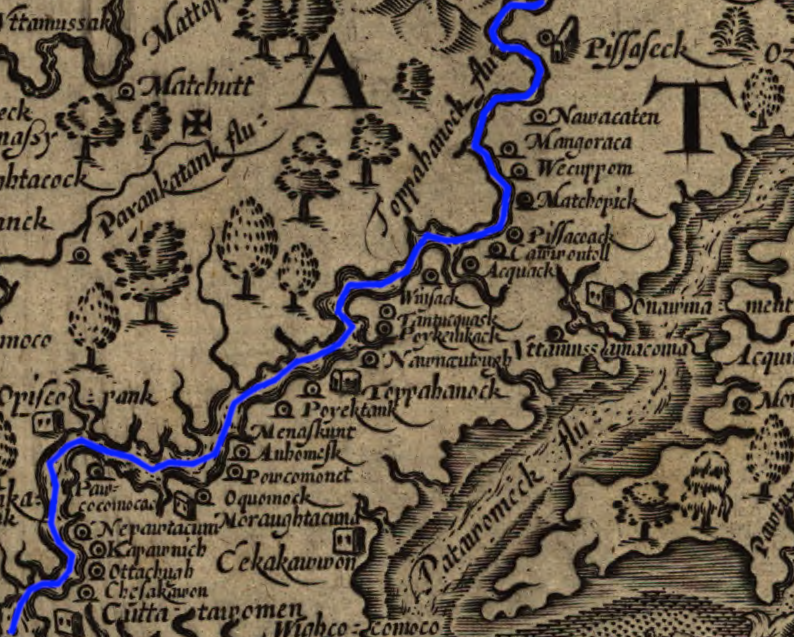John Smith discovered Rappahannock towns were concentrated on the northern bank of the Rappahannock River (north is to the right)
