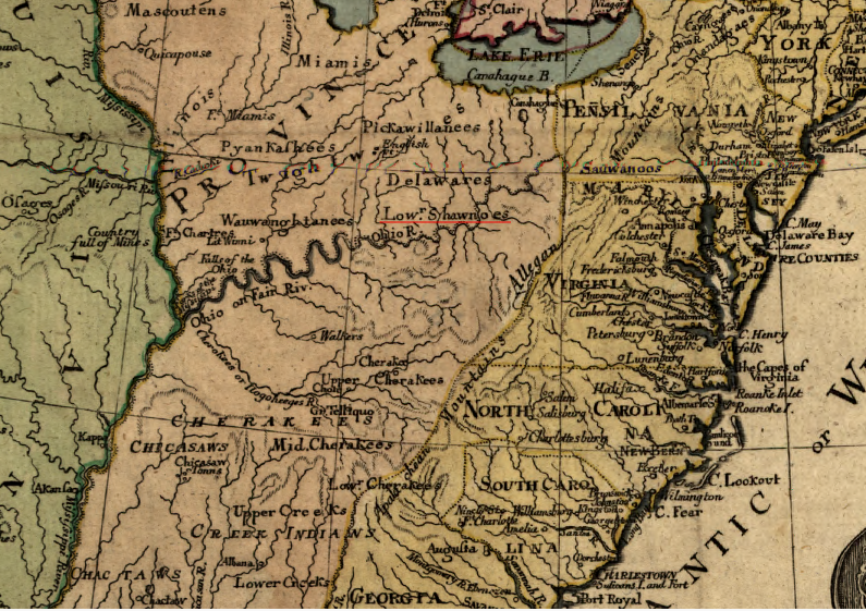 in 1783, the Shawnoes were concentrated on the Upper Ohio River in the northwestern territory still claimed by Virginia, under its Second Charter in 1609