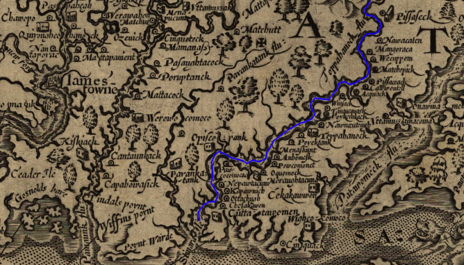 John Smith documented an imbalance of towns on the north vs. south banks of the Rappahannock River (marked with blue line), suggesting an attempt to use the river as a protective barrier against control by Powhatan (NOTE: North is to the right, not towards the top of the map)
