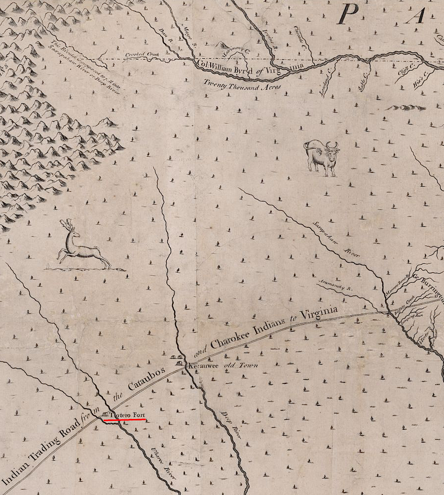 after mapping the dividing line between Virginia and North Carolina, in 1733 Edward Mosely recorded a Tutelo Fort on the Pee Dee River