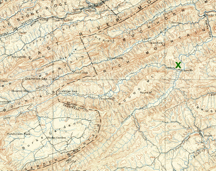 location of Wolf Creek archeologic site in 1895, long before I-77 was built