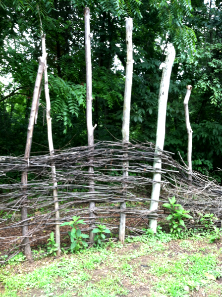 reconstructed palisade at Wolf Creek, with woven vines/branches between poles (Bland County)