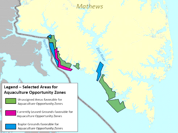 areas proposed for Aquaculture Opportunity Zones in Mathews County