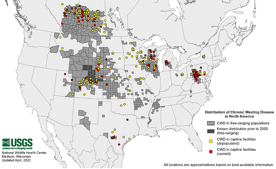 by 2022, Chronic Wasting Disease (CWD) had been detected in 30 US states and four Canadian provinces