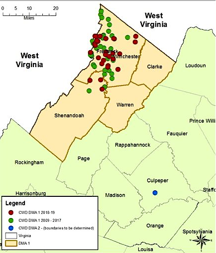 starting with a cluster in Frederick County, Chronic Wasting Disease was identified in three Virginia counties between 2009-2018