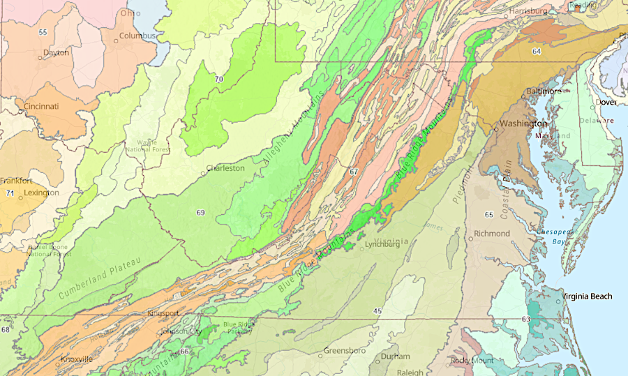 Virginia ecoregions, as classified by the Environmental Protection Agency (Omernik)