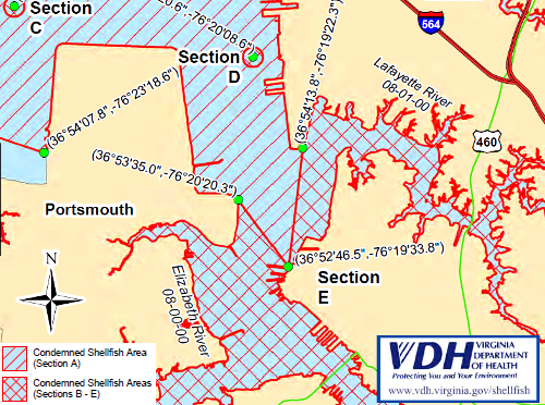 the Virginia Department of Health bans shellfish harvesting throughout Hampton Roads