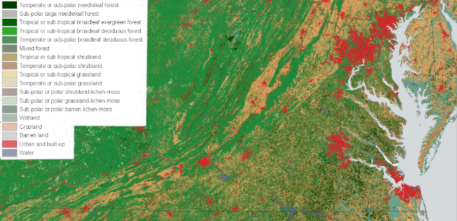 red areas are urban or built-up, where transformation of the landscape has been most intense