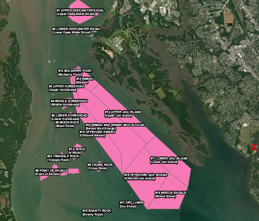 Menchville Marina in Newport News (red X), where many watermen bring harvested oysters, is near multiple reefs in the James River