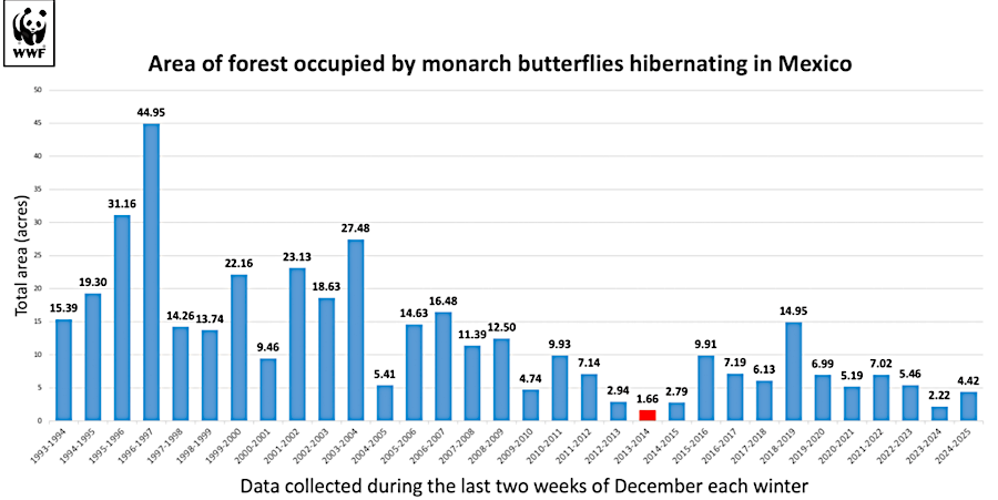 population trends of monarch butterflies can be measured by the acreage where they overwinter in Mexico