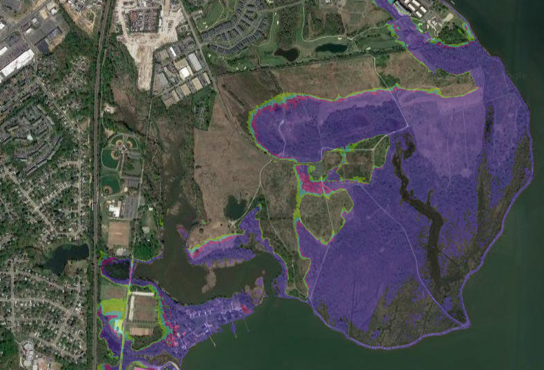 a Category 3 hurricane would flood most of Occoquan Bay National Wildlife Refuge under three feet of water