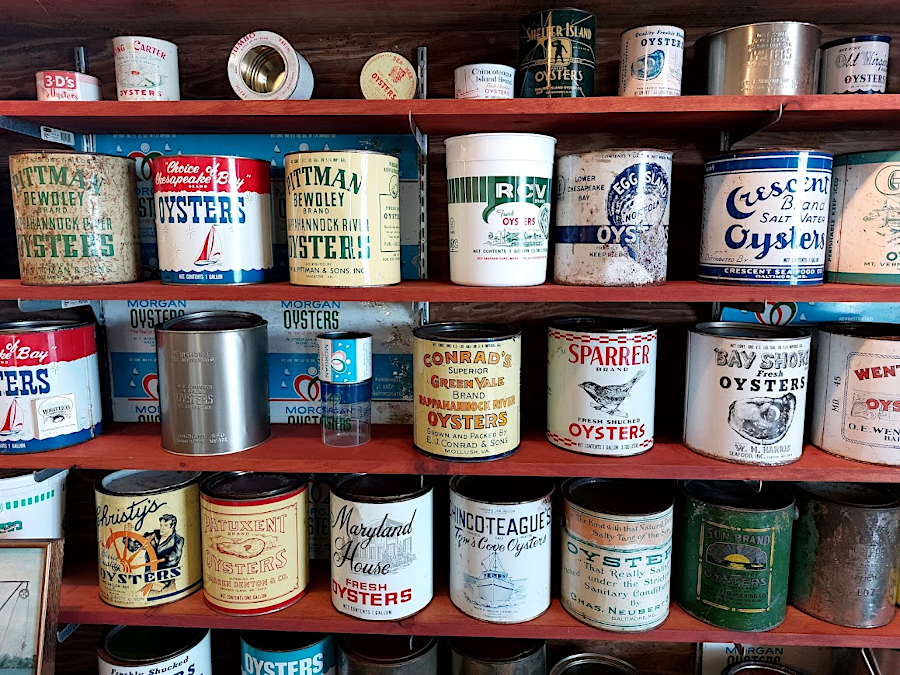 an exhibit at the Morattico Waterfront Museum shows how many companies steamed oysters and shipped cans to distant customers