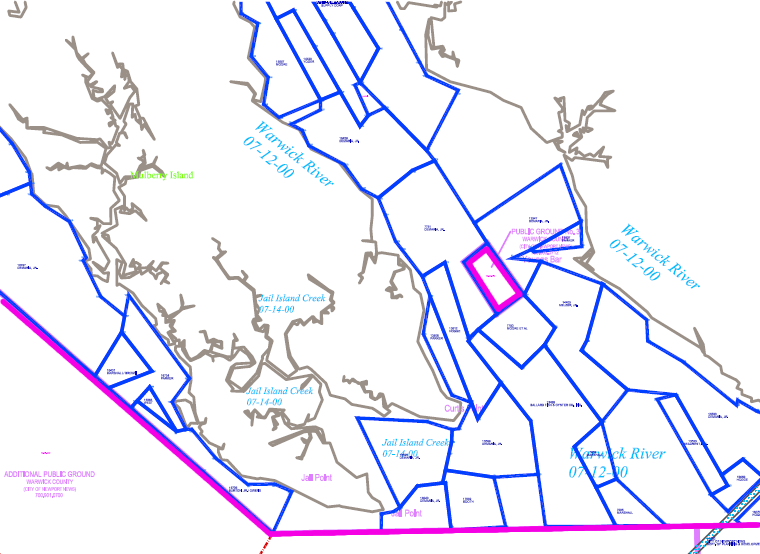 in the Warwick River, a small polygon (with purple boundary) of public rocks defined by the Baylor Survey is surrounded by private leases of submerged land (blue polygons)