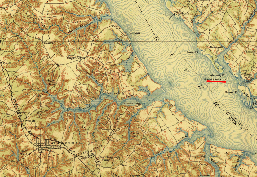 Pages Rock Lighthouse, near modern-day Cheatham Annex of Yorktown Naval Station, as depicted on 1906 map