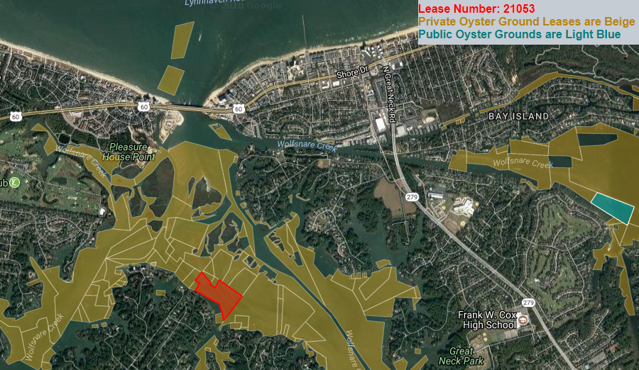 Virginia Beach acquired Lease #21053 for oyster restoration in the Lynnhaven River