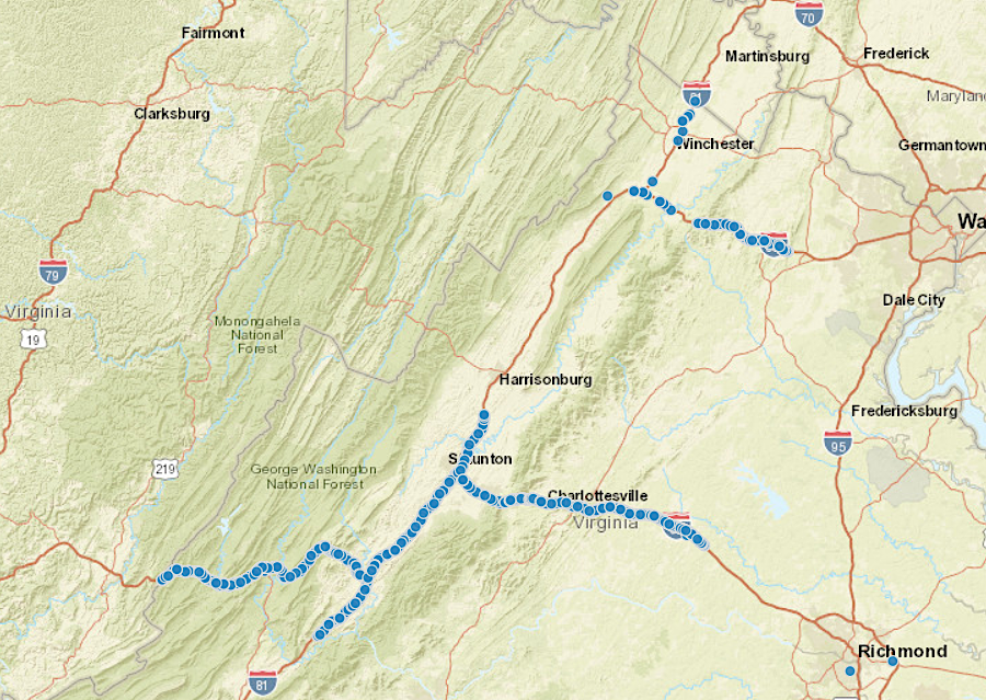 Virginia Department of Transportation maps in some districts where contract maintenance staff remove carcasses from interstates