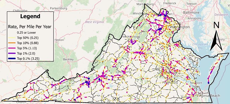 animal-vehicle collisions (purple) were common in the Northern Virginia suburbs whre Wildlife Biodiversity Resilience Corridors (green) were not identified