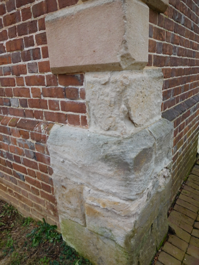 bricks at Gunston Hall were made from local clay, but the quoins were made of Aquia sandstone from the Government Island quarry in Stafford County