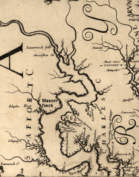 by 1670, colonial settlement was expanding up the Potomac River from the Brents at Aquia Creek (Ochquay), but only Native Americans maintained settlements at what would be named Mason Neck (map rotated so north is at top)