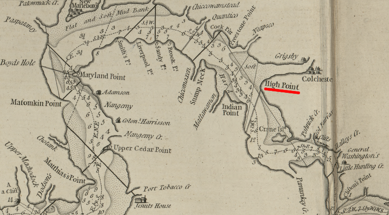 on this 1777 navigation map, High Point on Mason Neck was highlighted