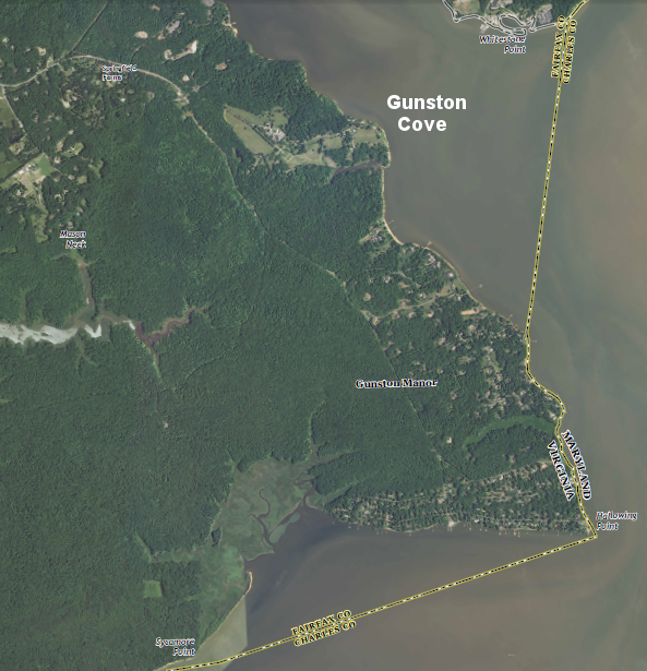 the Maryland-Virginia border at Mason Neck cuts in a straight line across the mouth of Pohick Creek, then follows the shoreline before cutting in another straight line across across an embayment in the peninsula
