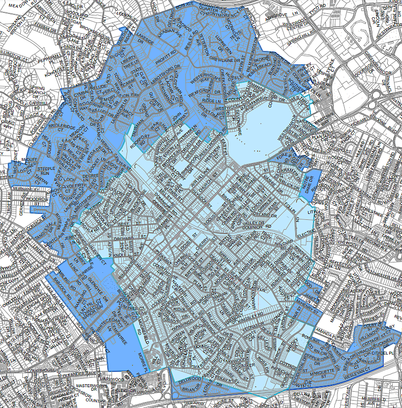 Vienna provides drinking water to town residents (light blue) and some Fairfax County residents (dark blue)