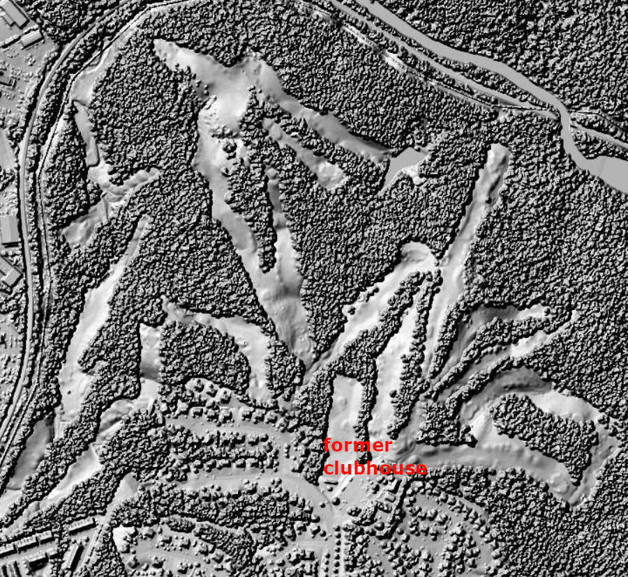 LIDAR reveals the forest cover around the grass fairways at the former General's Ridge Golf Course, now Blooms Park in the City of Manassas Park