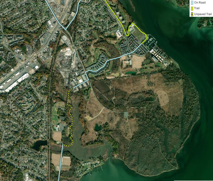 the East Coast Greenway route in northern Prince William County, before completion of the stretch through the Occoquan Bay National Wildlife Refuge