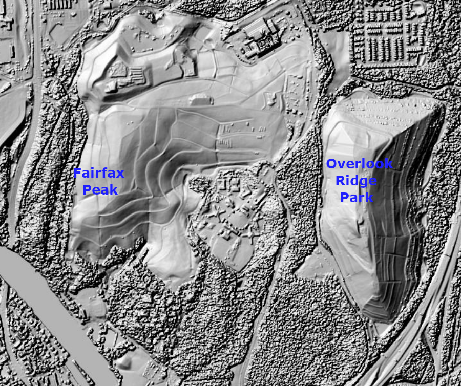 LIDAR reveals the topography of Fairfax Peak and Overlook Ridge Park in Fairfax County