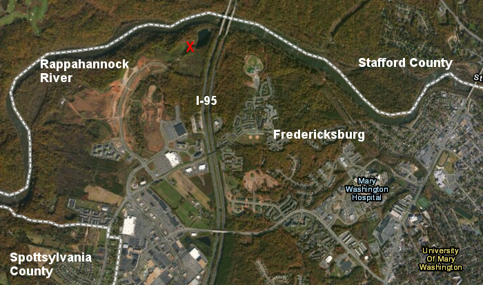 the Fredericksburg location (red X) for the U.S. National Slavery Museum would have been highly visible from I-95