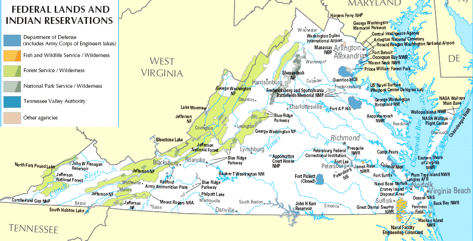 National Forests (managed by the US Forest Service) are in western Virginia, while National Wildlife Refuges (managed by the US Fish and Wildlife Service) are in eastern Virginia