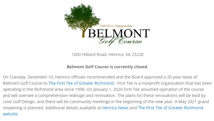 Henrico County lost money on Belmont Golf Course every year since 2000 (except in 2008), and temporarily closed the facility in 2019