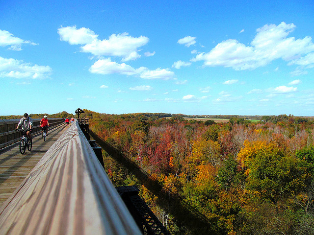 High Bridge State Park offers a hiking/biking trail across the Appomattox River on a former railroad trestle near Farmville 