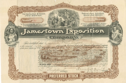 sale of stock to private investors helped to financed the Jamestown Exposition, along with government grants
