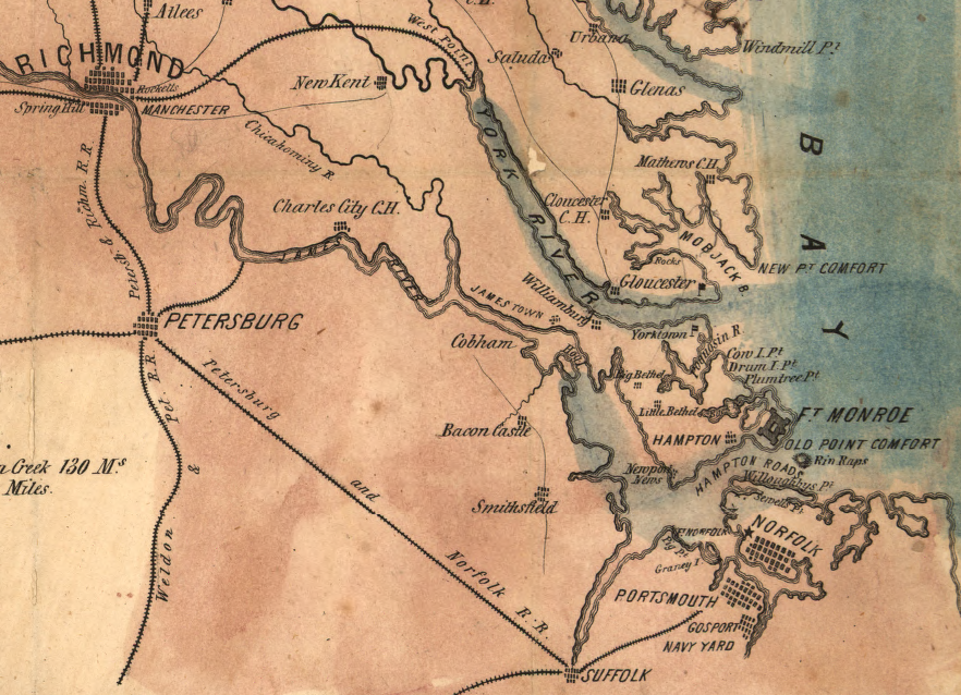 prior to construction of the Chesapeake and Ohio Railroad to Newport News and then Point Comfort after the Civil War, there was no railroad on the Peninsula