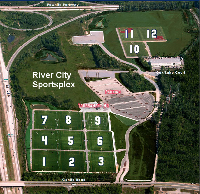the River City Sportsplex includes nine synthetic turf fields in one section and three in another, with parking between the two sections