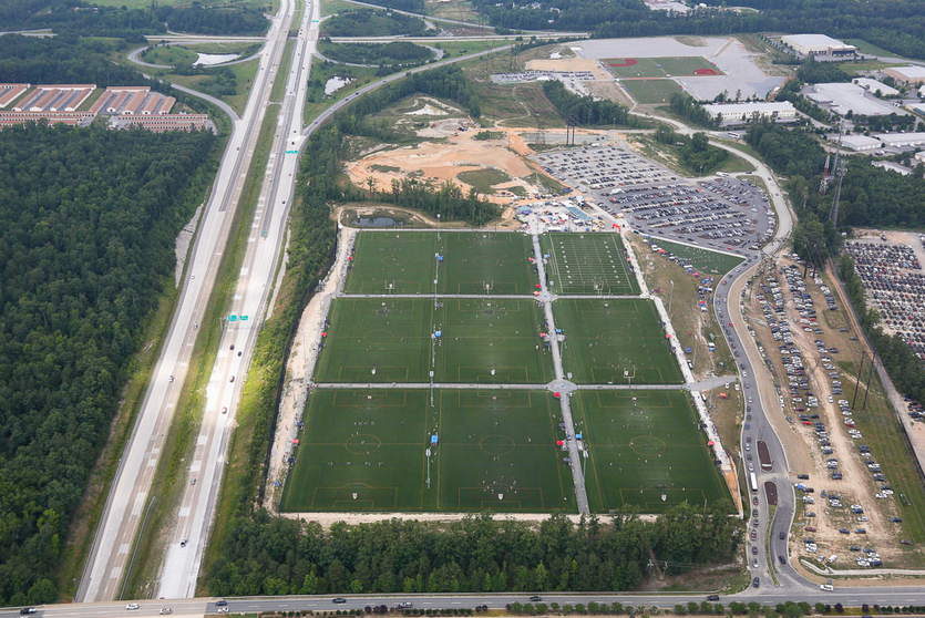 the River City Sportsplex includes nine synthetic turf fields in one section and three in another, with parking between the two sections