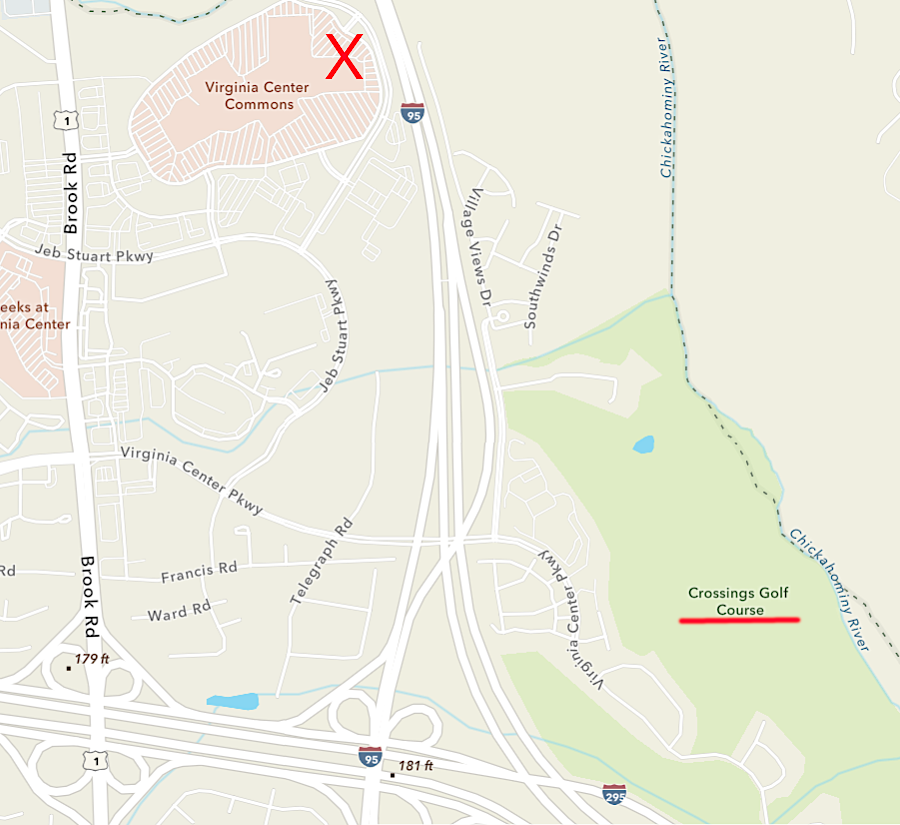 The Crossings golf course was just one mile away from the Henrico Sports & Events Center (red X) in Virginia Center Commons