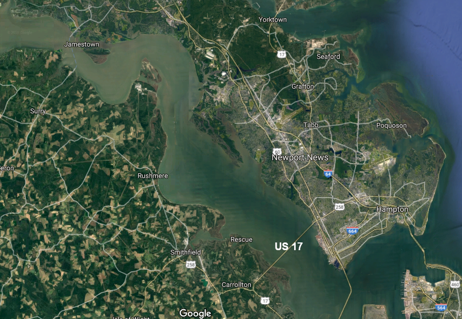 US 17 crosses the river far from the viewshed of Colonial Parkway and Jamestown Island