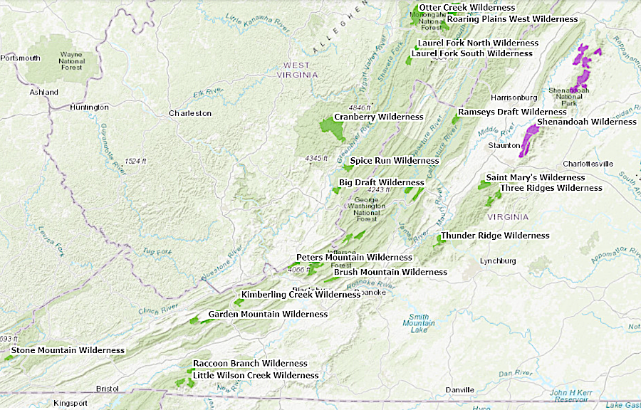 Virginia has 24 designated wilderness areas, one of which (purple) is managed by the National Park Service