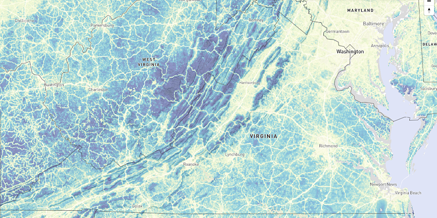 bluer areas indicate areas with greater wildness (separate from designated wilderness areas)