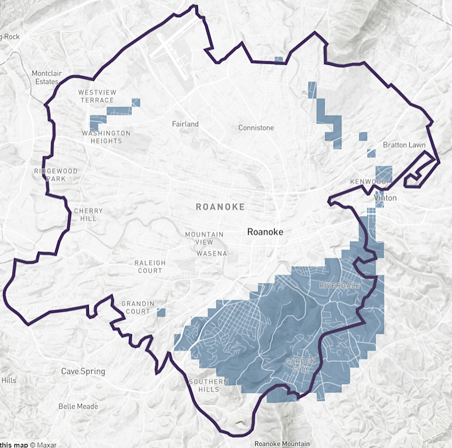 areas in blue represent the top 30% wildest areas in the City of Roanoke