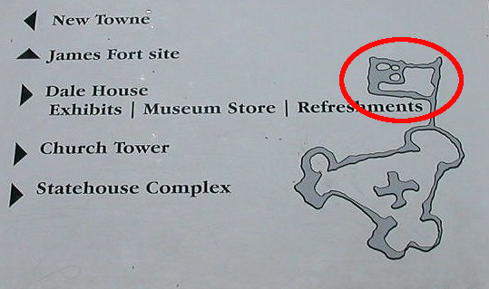 Ambassador Zuniga's map of the 1607 Jamestown fort (shown here on a modern interpretive sign) included a section that was destroyed in 1862 during construction of Confederate Fort Pocahontas